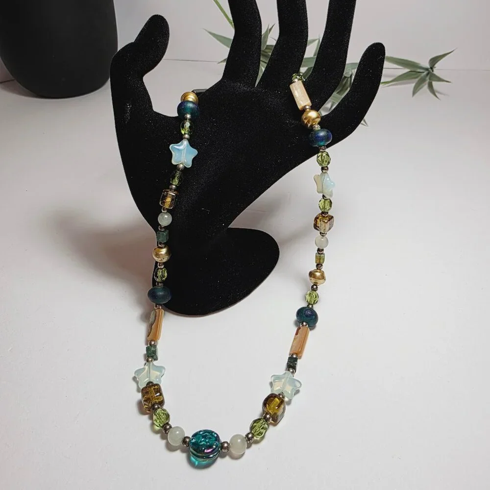 Beaded Necklace – Mixed Glass, Star Beads, Green & Gold Tones